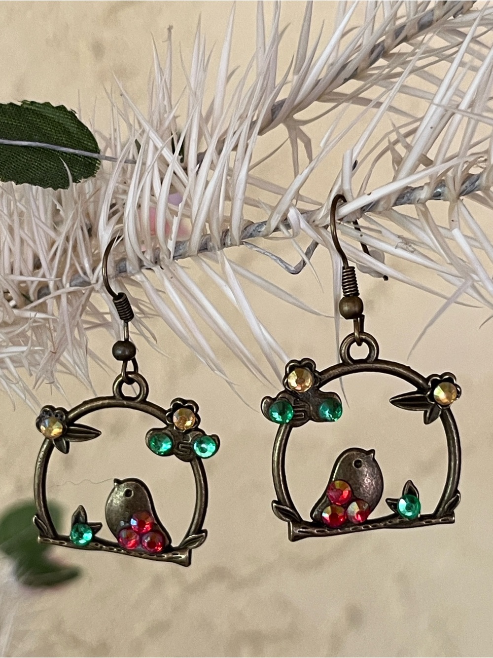 Antique Bronze Tone Bird Drop Earrings with Multicolor Crystals NWOT